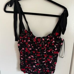 For Love And Lemons Black and Red Ruched Tie Front Tank Top